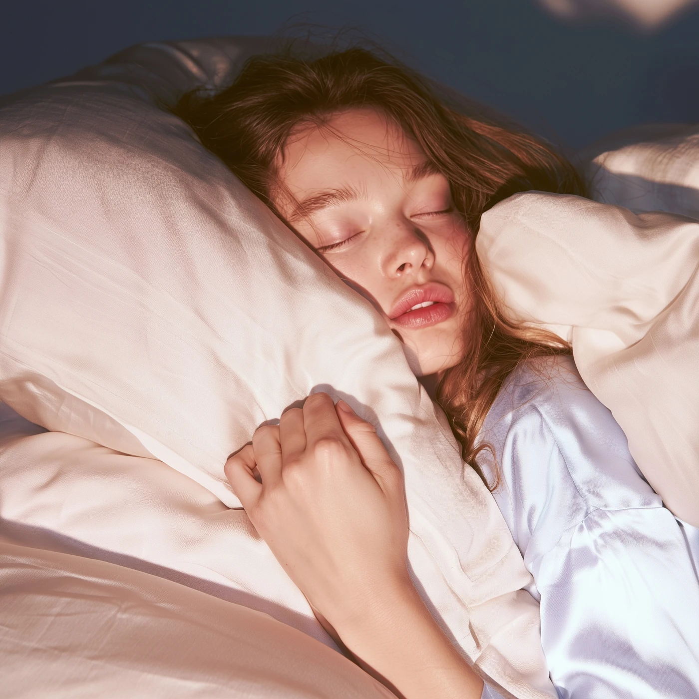 텐셀 침구를 끌어안고 볼을 기대어 쉬는 여성